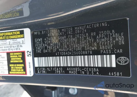 2025 Toyota Camry Xse/Xle/Le/Se z USA, uszkodzony, nr VIN 4T1DBADK2SU008878